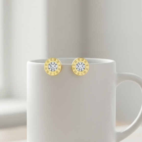 Stainless steel stud earrings, unisex gold-tone earrings with round cubic 10mm - Picture 3 of 9